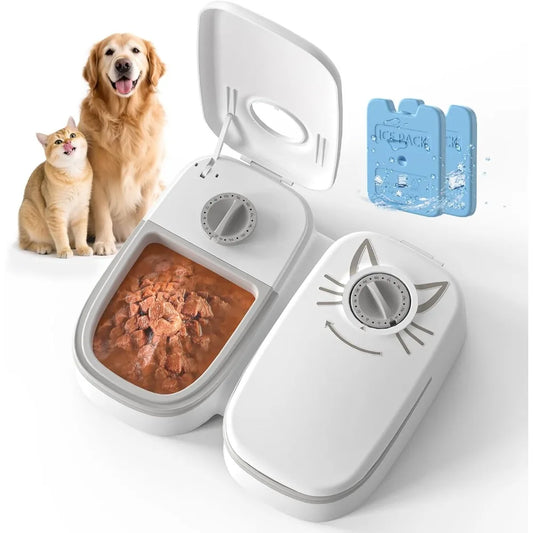 Automatic 2-Meal Cat Feeder - 48H Timed Wet Cat Food Refrigerated Dispenser with 2 Ice Packs for Puppies and Kittens in Yogurt a