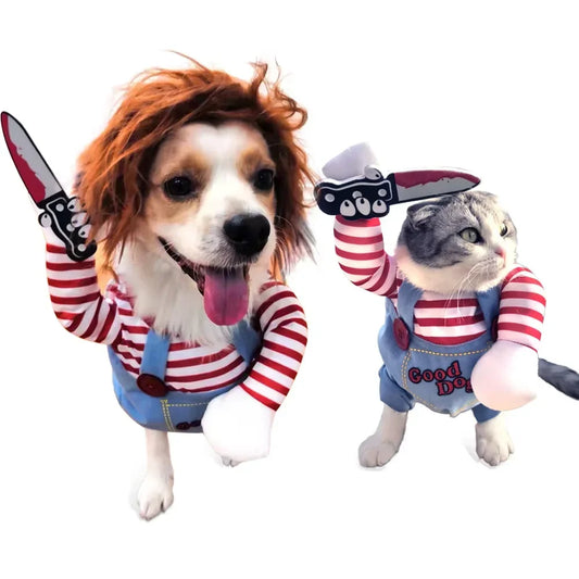 Pet Halloween Costume  Pet Clothes Chucky Dog Cat Cosplay Clothing Deadly Doll Holding A  Coat Pet Costume Apparel Pet clothes