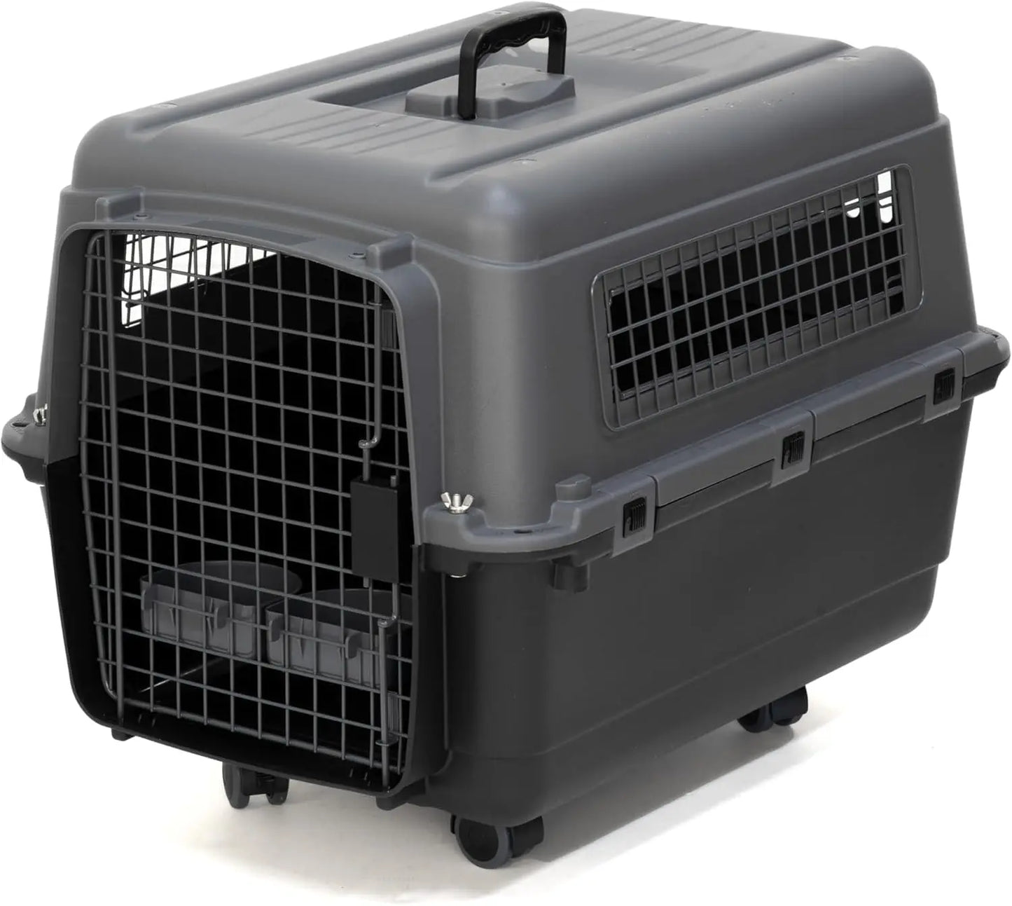 Medium Airline Compliant Dog Kennel with Wheels & Bowls, Collapsible for Travel, Fits Pets up to 23"L