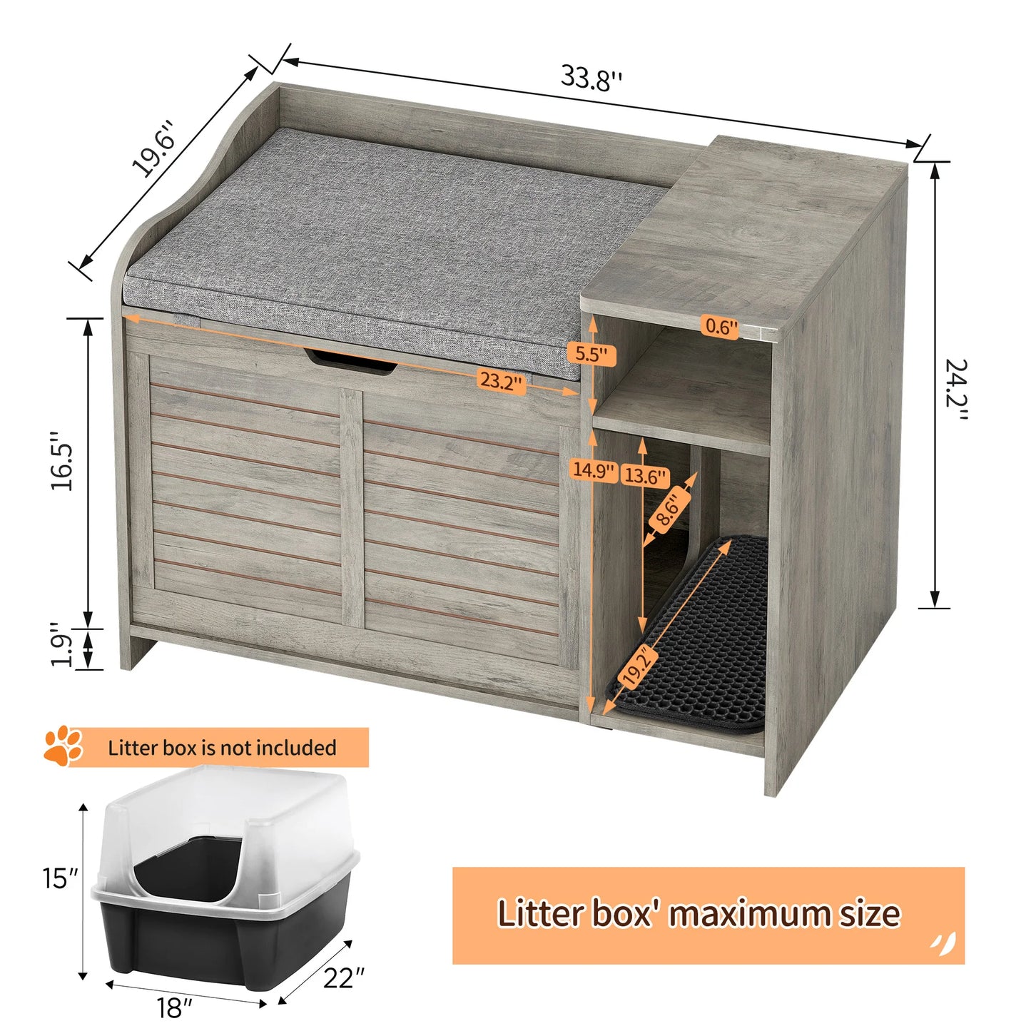 Cat Litter Box Furniture Hidden, Wood Litter Box Enclosure Pet Crate Cat with Cat Scratch Pad Litterbox Furniture Easy Assembly