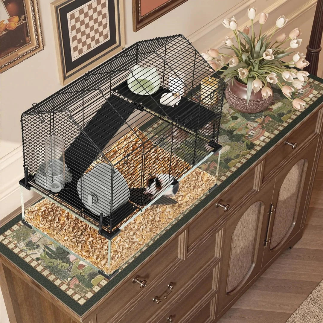 3 Tiers Large Hamster Enclosure, Metal Enclosure + Glass Gerbil Cages, Small Animal Cages for Guinea Pigs Chinchilla Rodent