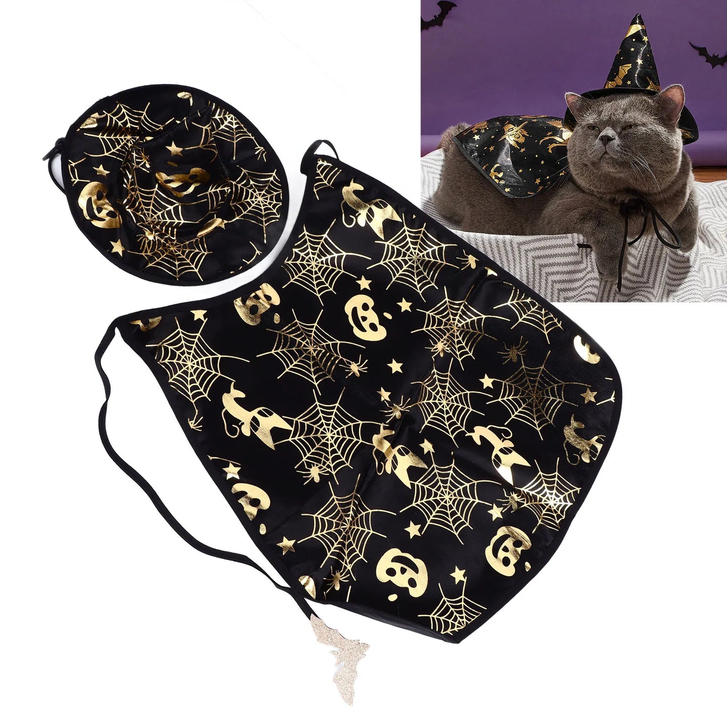 Pet Halloween Costumes Pumpkin Spiderweb Pattern Cape Set Polyester Adjustable Mysterious Pet Cloak and Hat Set for Parties