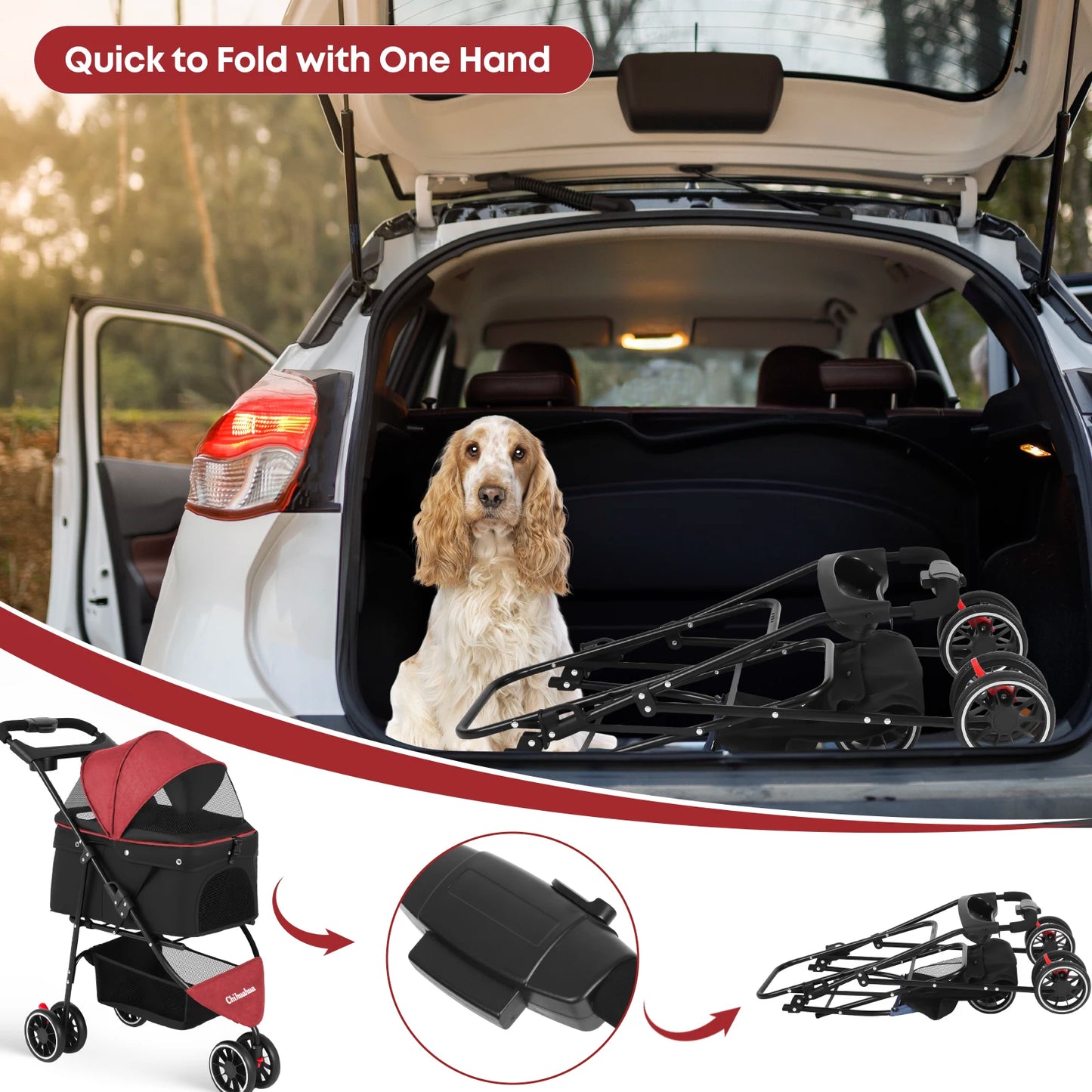 Portable Foldable Pet Stroller for Small Dogs & Cats, Travel Carrier with Canopy, Storage Basket