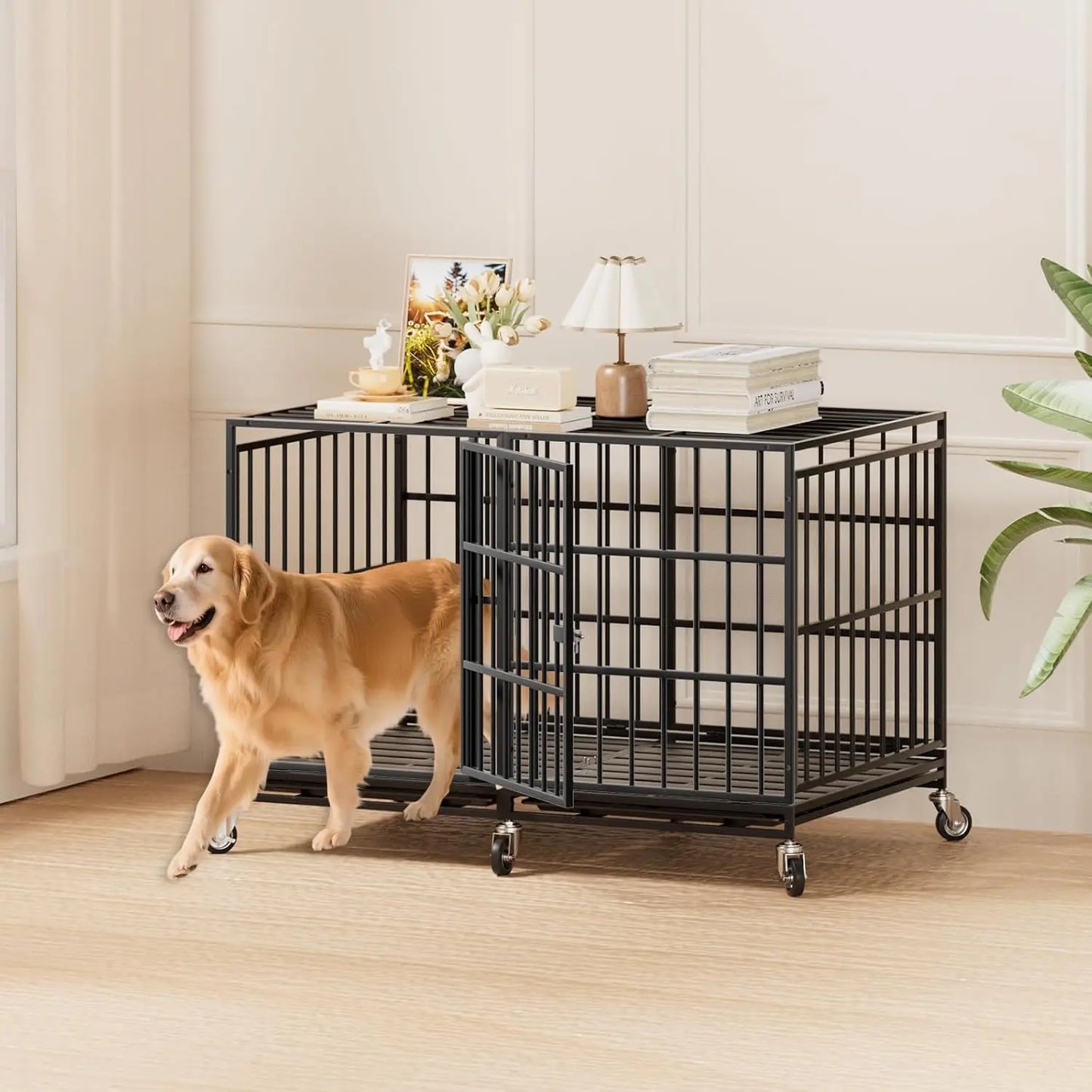 48-Inch Heavy-Duty Dog Crate with Wheels, Escape-Proof Cage for Large Dogs, Removable Tray Included