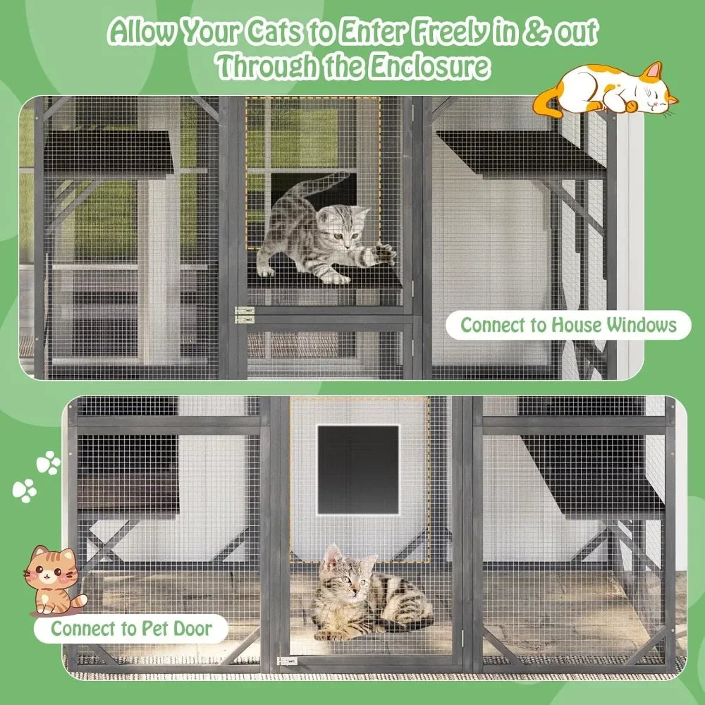 Outdoor Cat Enclosure Large, 71 Inch Outdoor Cat House Weatherproof with Asphalt Roof, Wooden Cat Cage Playpen