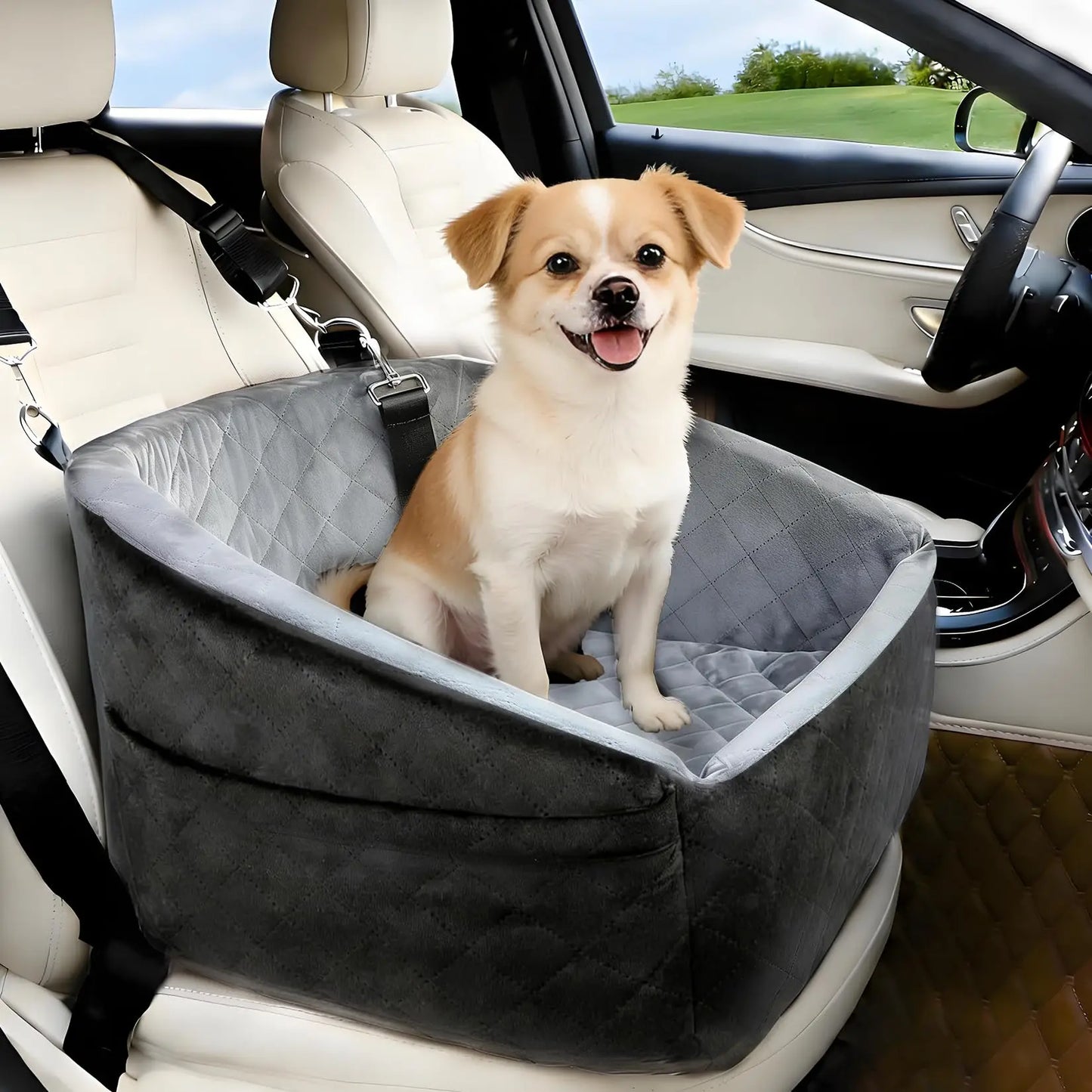 Dog Booster Car Seat, Detachable Washable Pet Dog Bed with Safety Belt for Small Medium Puppies Cats Under 30-35 LB