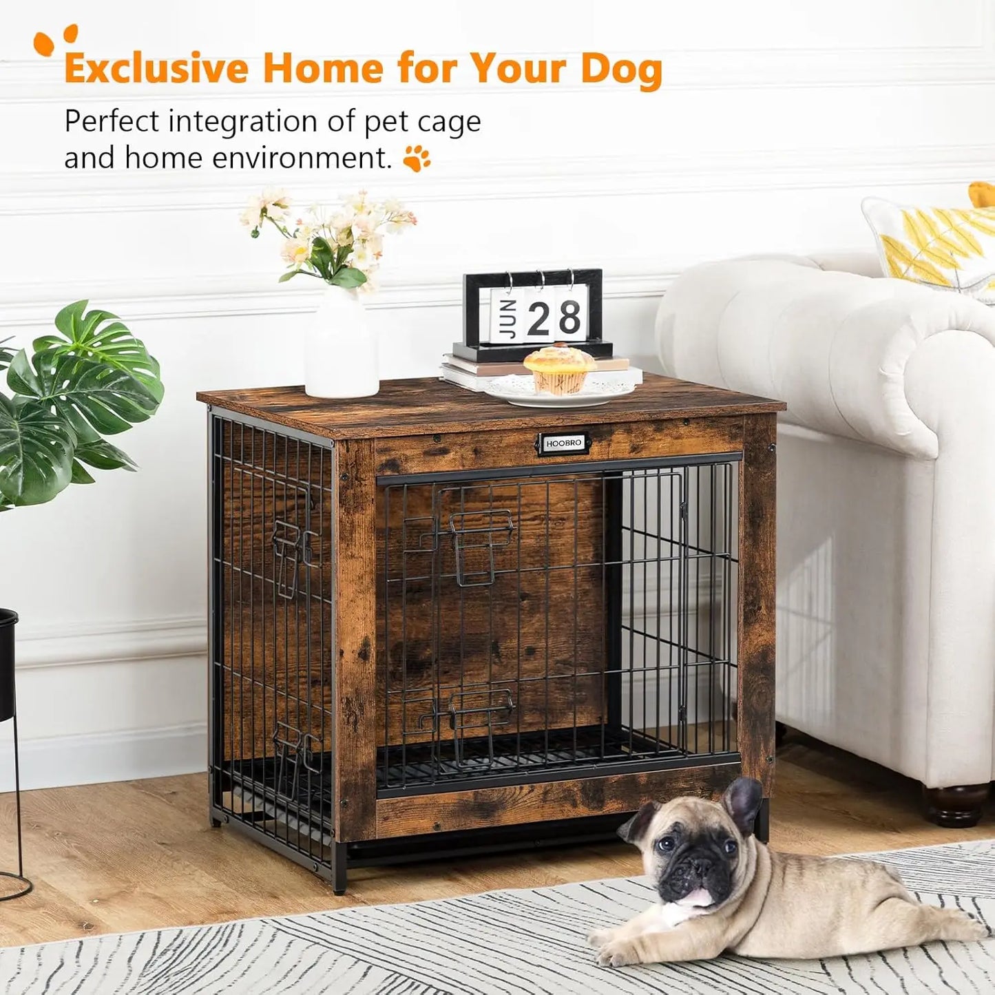 Wooden Dog Crate Furniture with Pull-Out Tray, Double Doors for Small/Medium Dogs, Rustic Brown Indoor Kennel