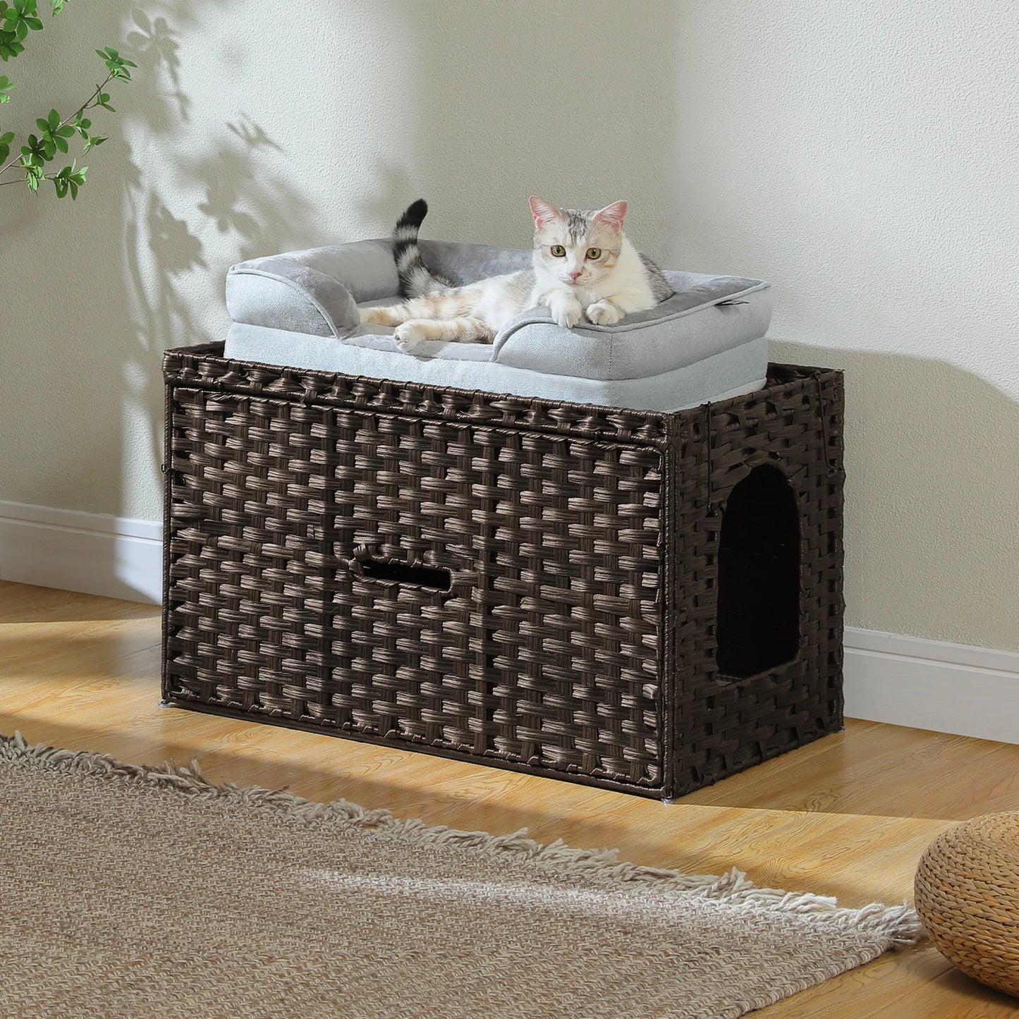 Rattan Cat Litter Box Enclosure Furniture with Door, Handwoven Rattan Hidden Litter Box Living Room Odor Control, Cat House Bed