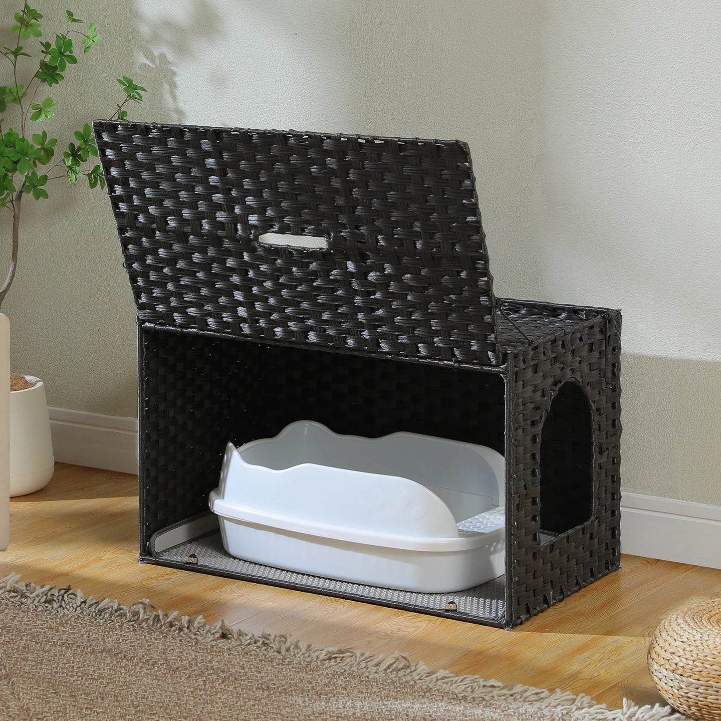 Rattan Cat Litter Box Enclosure Furniture with Door, Handwoven Rattan Hidden Litter Box Living Room Odor Control, Cat House Bed