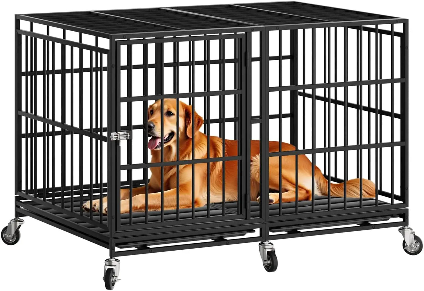 48-Inch Heavy-Duty Dog Crate with Wheels, Escape-Proof Cage for Large Dogs, Removable Tray Included