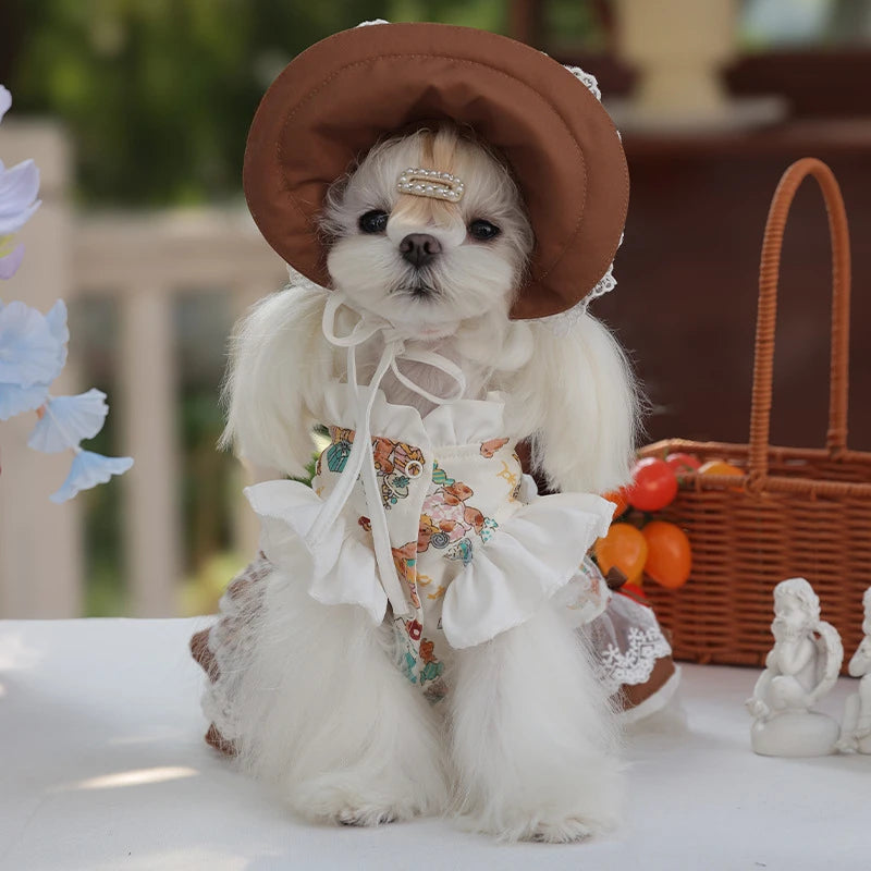 Pet Lace Dress Pet Maid Dress Cute Dog Hat Set Pet Coat Small Coat Puppy Clothes Dog Clothes for Small Dogs Autumn and Winter
