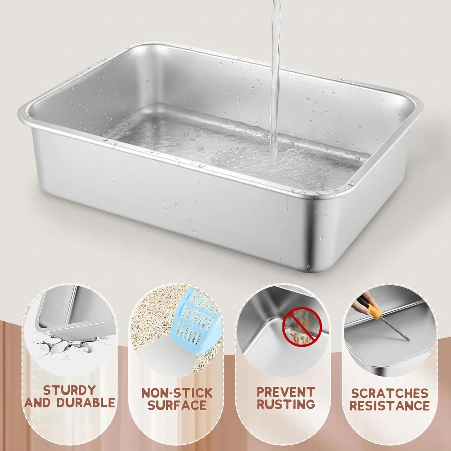 Low Entry Cat Litter Box, Stainless Steel for Small Cats, Guinea Pigs, Puppies, Hamsters - 15.7x11.8x4 Inches