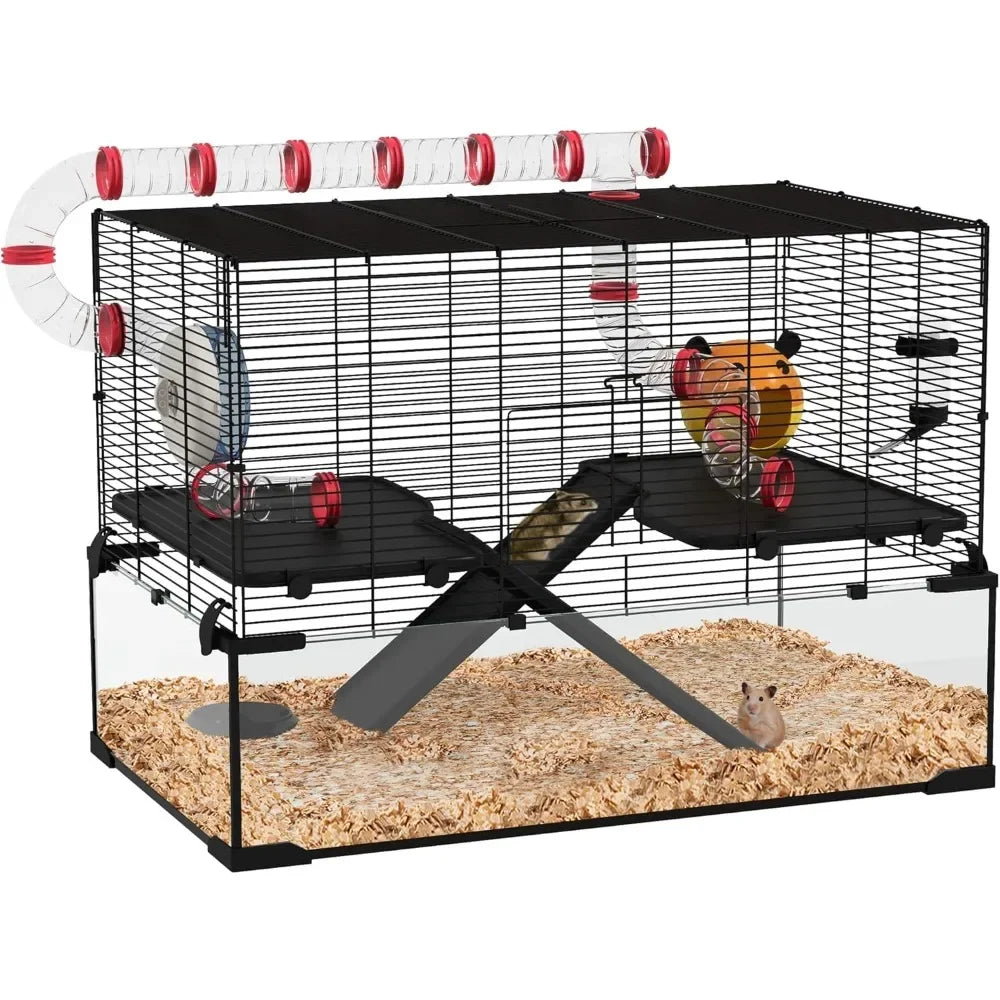 31 Extra Large Hamster Cage with Tube Tunnel, Small Animal Cage for Dwarf Hamster, Rat, Gerbil Cage with Deep Glass