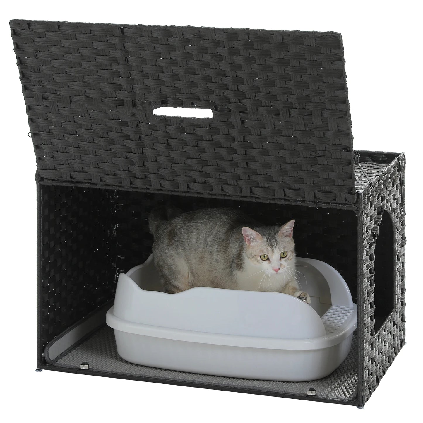 Rattan Cat Litter Box Enclosure Furniture with Door, Handwoven Rattan Hidden Litter Box Living Room Odor Control, Cat House Bed