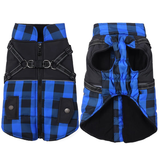 Plaid Thicken Padded Pet Dog Jacket With Harness For Cold Weather Windproof Winter Dog Jacket Coat For Small Medium Large Dog