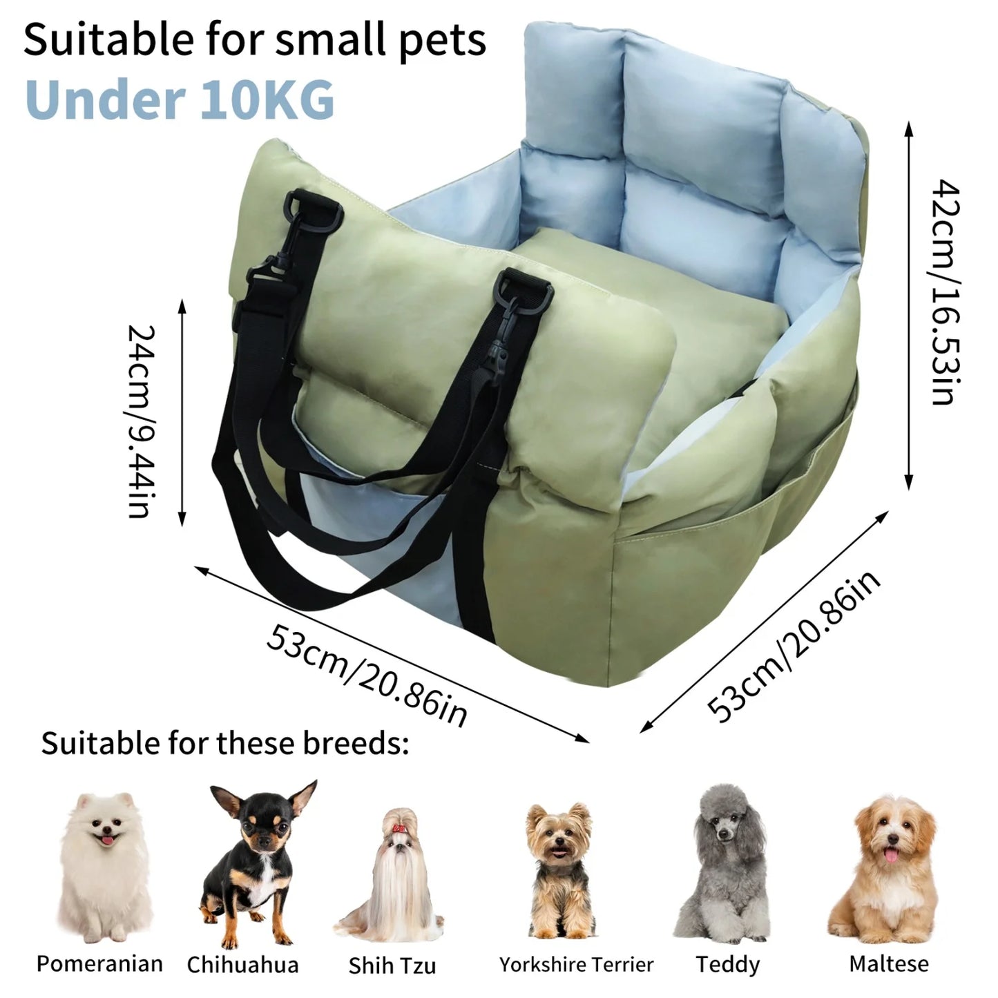 Ultra Soft Dog Car Seat for Small Dogs up 22 lbs Pet Booster Travel Carrier Bed w/ Safety Belt and Storage Pockets, Black/Green