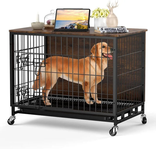 Heavy Duty Metal Dog Crate, Indoor Outdoor Pet Kennel Cage with Shelves, Storage Cabinet, Modern Decorative Dog Cage Furniture,
