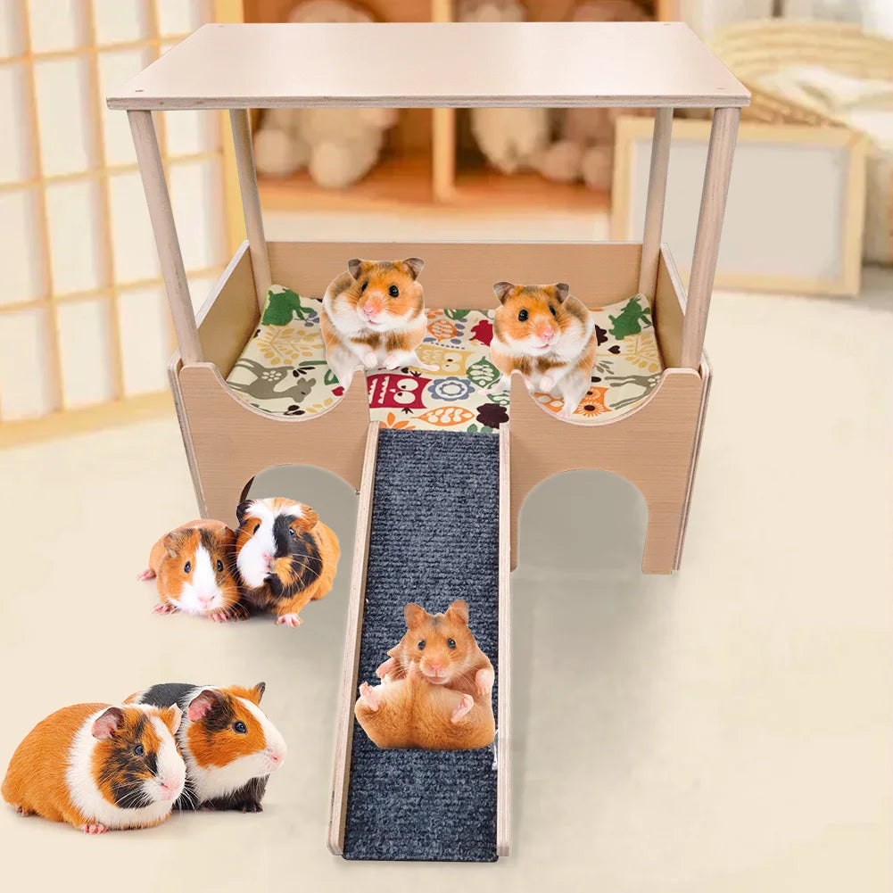 2-Tier Guinea Pig Castle Wooden Small Animal House with Stairs Guinea Pigs House for Hamsters Bunny Chinchillas Playing Hiding