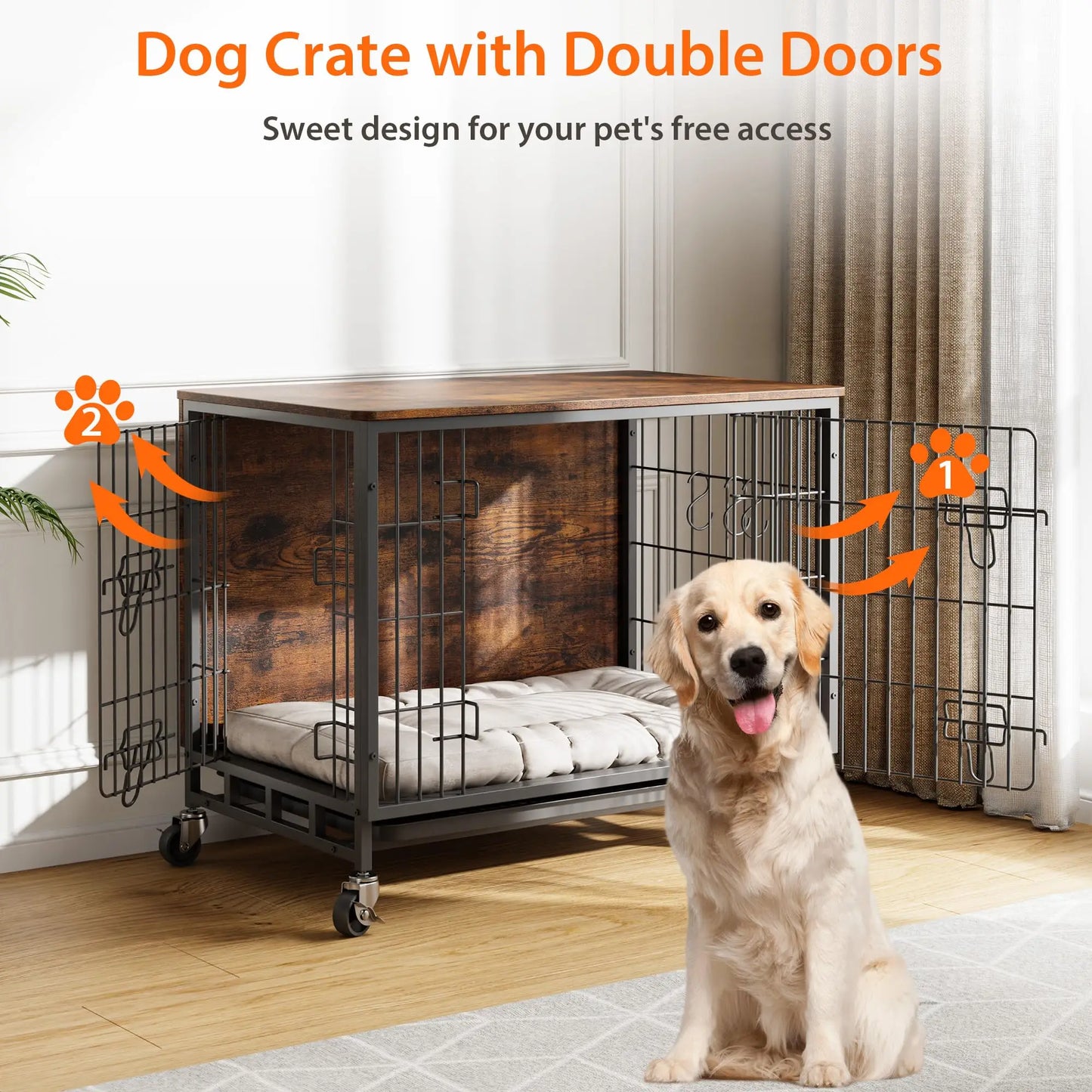 Heavy Duty Metal Dog Crate, Indoor Outdoor Pet Kennel Cage with Shelves, Storage Cabinet, Modern Decorative Dog Cage Furniture,