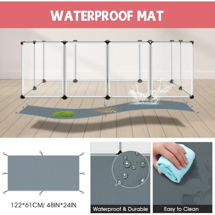 32 Panels Small Animal Playpen 48" x 32" x 24" Transparent Playpen with Waterproof Mat Plastic Enclosure Puppy Play Pen for Chi