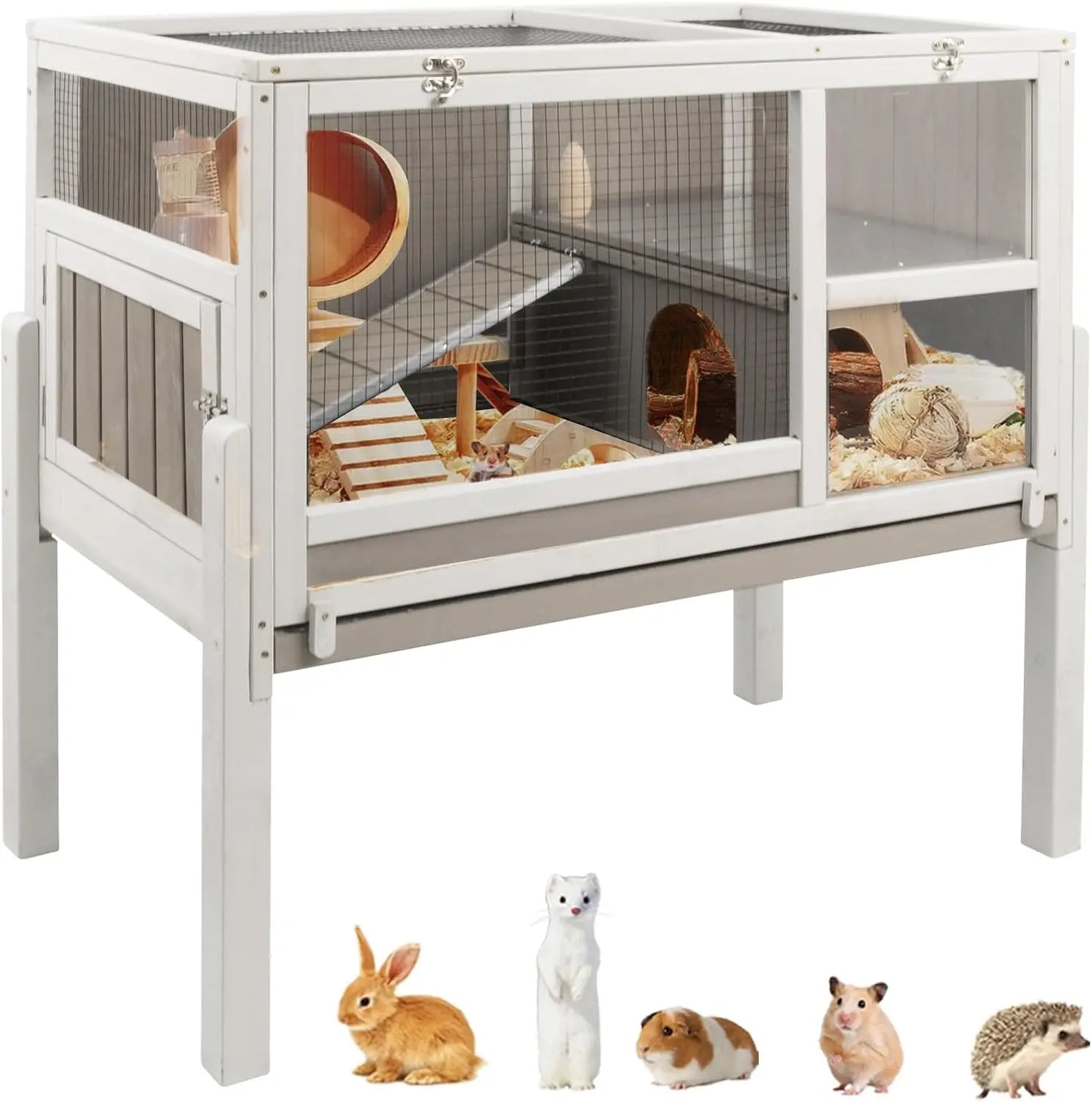 Pig Cages Indoor, Wooden Guinea Pig Cages with Stand, Rabbit Cage Hutch with Ramp and Hideout, Small Animals Cage Habitat