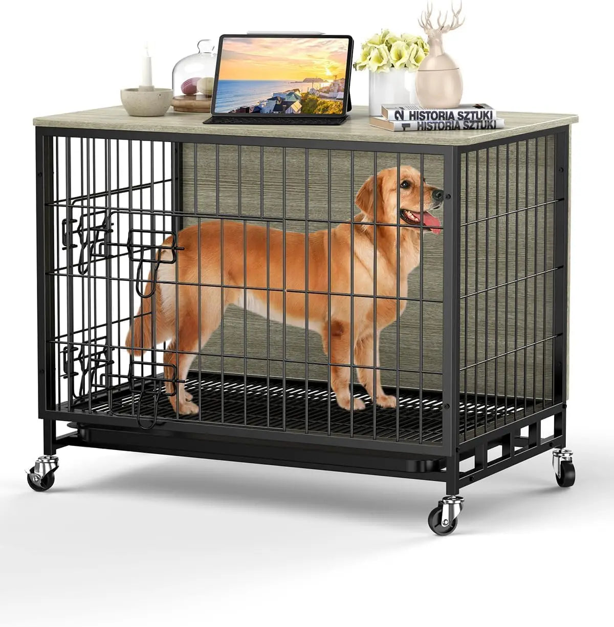 Heavy Duty Metal Dog Crate, Indoor Outdoor Pet Kennel Cage with Shelves, Storage Cabinet, Modern Decorative Dog Cage Furniture,