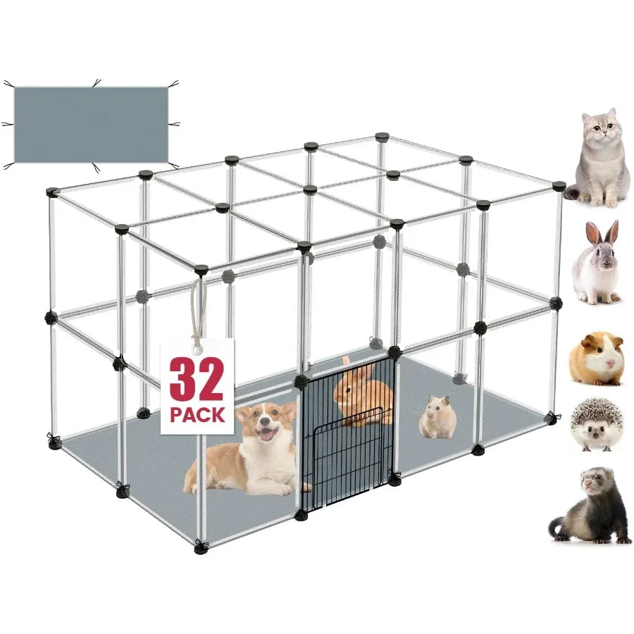 32 Panels Small Animal Playpen 48" x 32" x 24" Transparent Playpen with Waterproof Mat Plastic Enclosure Puppy Play Pen for Chi