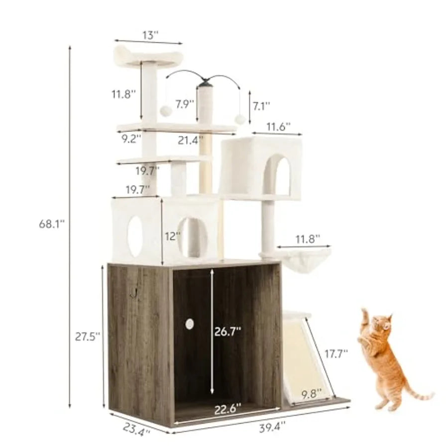 68 Inch Large Cat Tree with Litter Box Enclosure for Automatic Litter Box 2-in-1 Cats House Condo with Scratching Posts Scratch