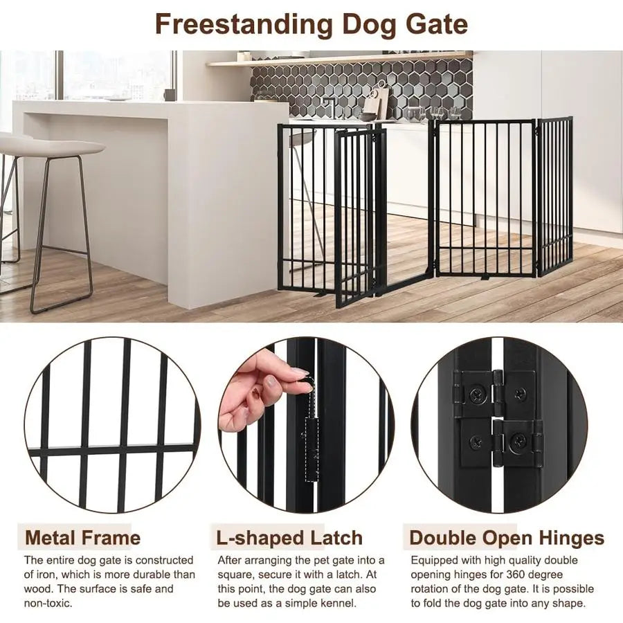 Freestanding Dog Gate with Door, Extra Wide 81, 31 Height Foldable Dog Gates for Doorways, Tall Pet Fence Indoor Outdoor Pet Gat