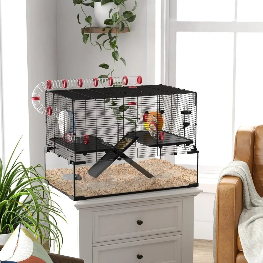 31 Extra Large Hamster Cage with Tube Tunnel, Small Animal Cage for Dwarf Hamster, Rat, Gerbil Cage with Deep Glass