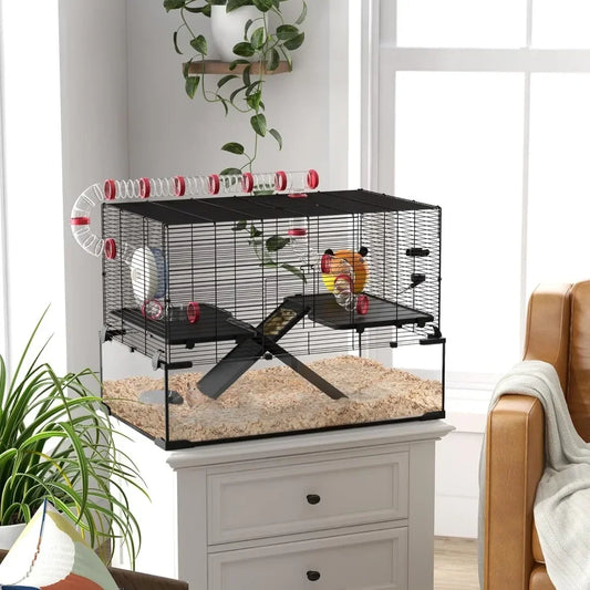 31 Extra Large Hamster Cage with Tube Tunnel, Small Animal Cage for Dwarf Hamster, Rat, Gerbil Cage with Deep Glass