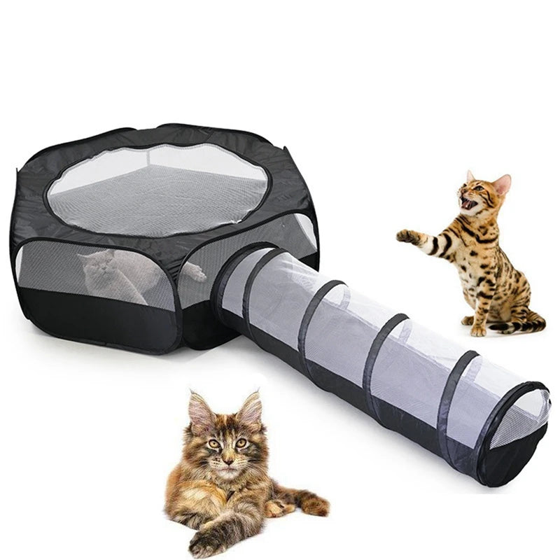 Cat Tunnel Cage House 2 in 1 Interactive Foldable Outside Play Tent and Tunnel for Bunnies Kitten Rabbits Hamster Ferrets Black