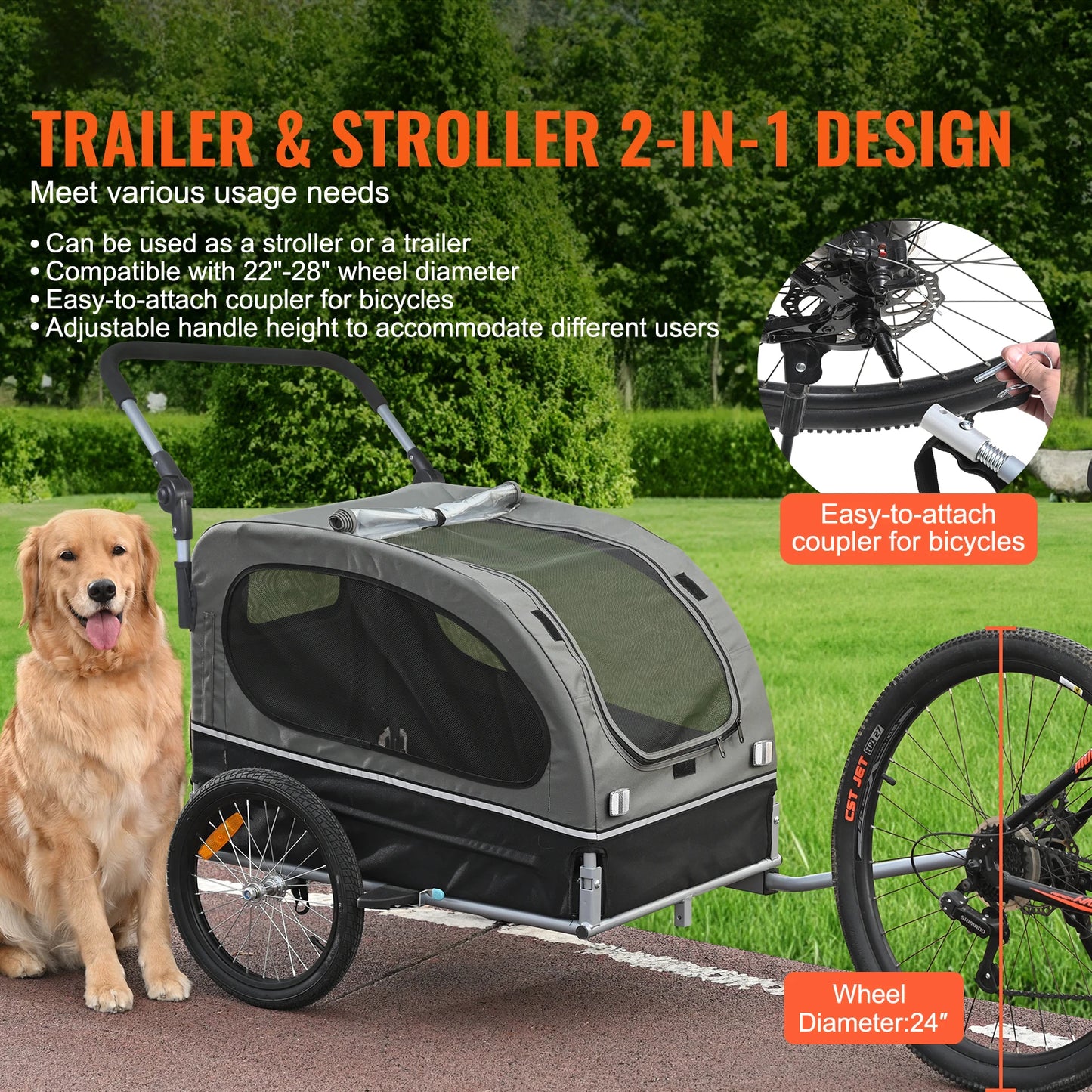 SucceBuy 88lbs 2-in-1 Pet Stroller Cart Dog Bike Trailer with Wheels Reflectors Easy Folding Cart Frame Bicycle Coupler Carrier