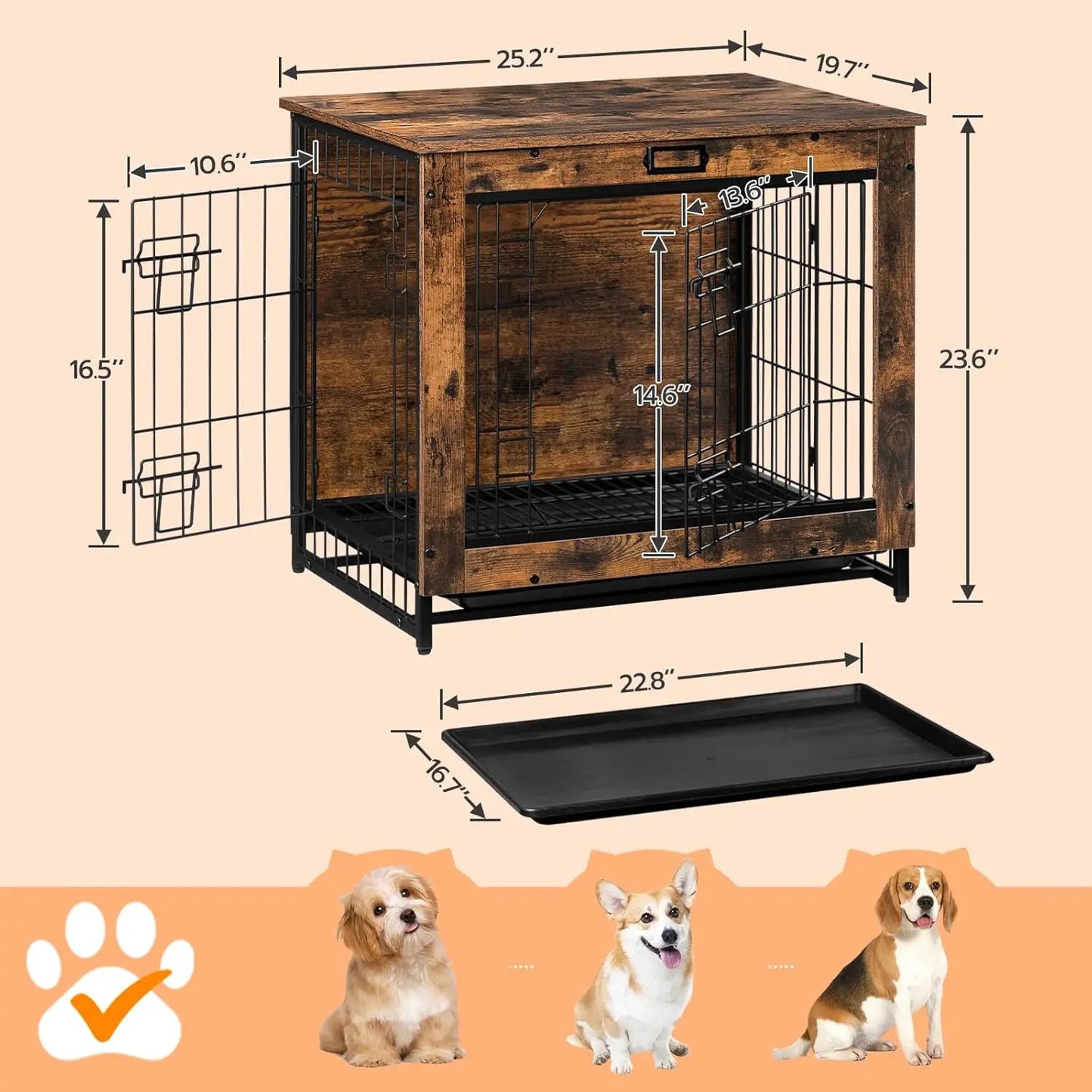 Wooden Dog Crate Furniture with Pull-Out Tray, Double Doors for Small/Medium Dogs, Rustic Brown Indoor Kennel
