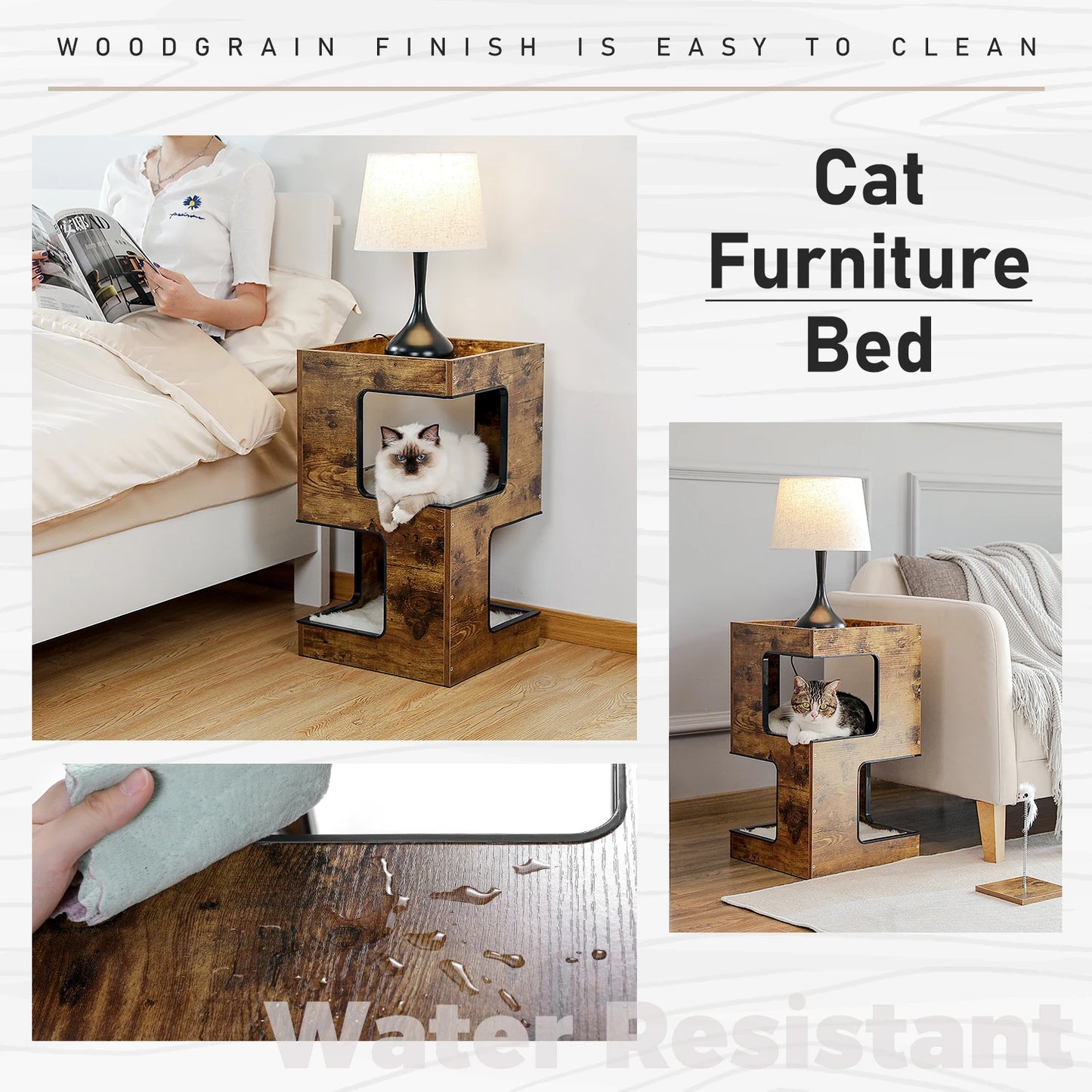 Wood Cat Condo House Bed with Removable Soft Mats Modern Cat Tree Tower with Scratching Pad Cat Scratcher Furniture Kitten Toys