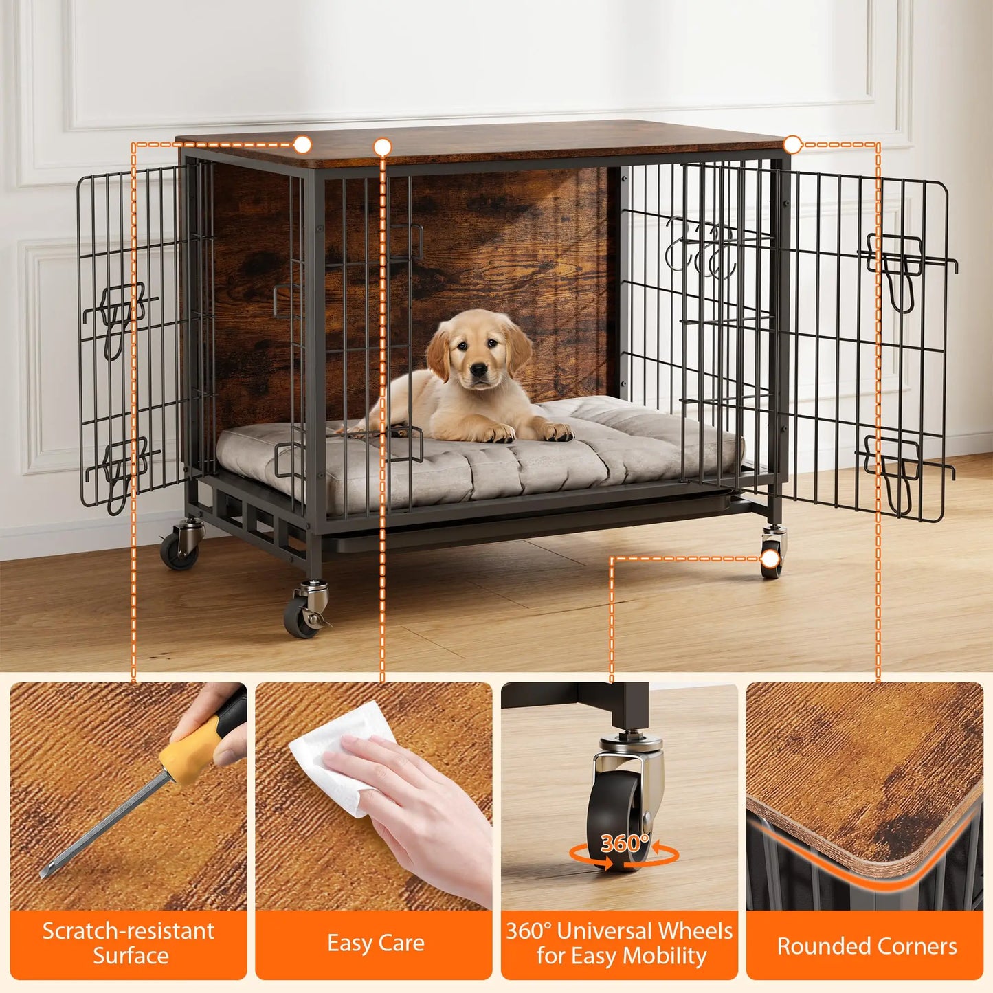 Heavy Duty Metal Dog Crate, Indoor Outdoor Pet Kennel Cage with Shelves, Storage Cabinet, Modern Decorative Dog Cage Furniture,