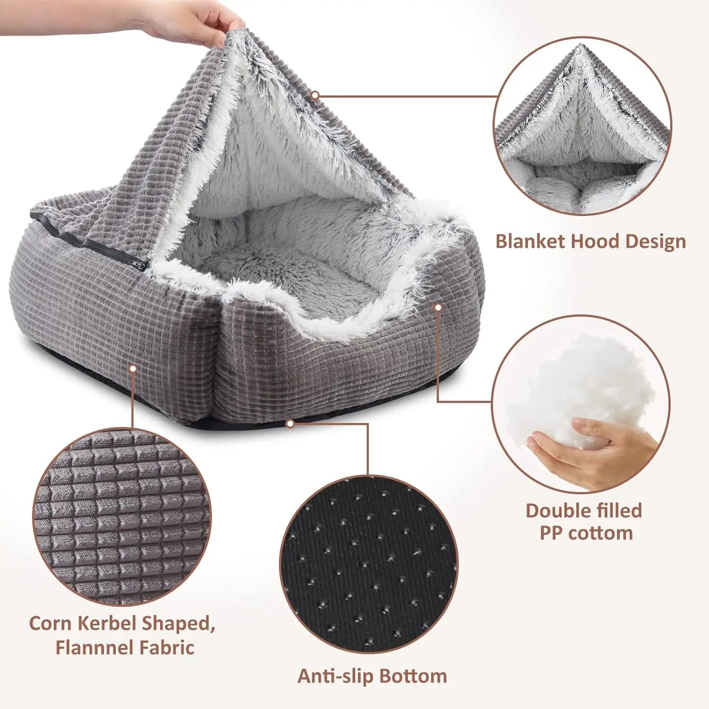 Orthopedic Cave Dog Bed for Medium Large Small Dogs, Hooded Blanket Pet Bed, Washable Cat Bed (25 inches, Grey)