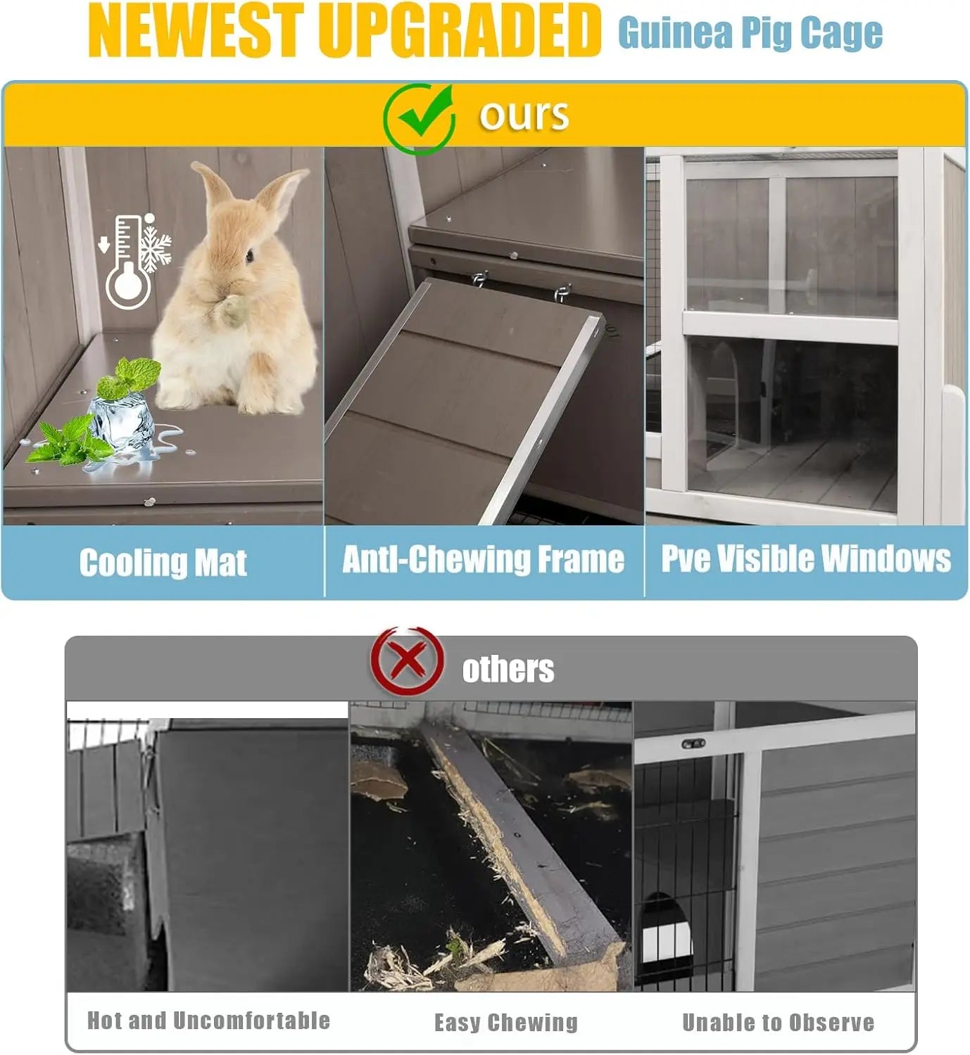 Pig Cages Indoor, Wooden Guinea Pig Cages with Stand, Rabbit Cage Hutch with Ramp and Hideout, Small Animals Cage Habitat