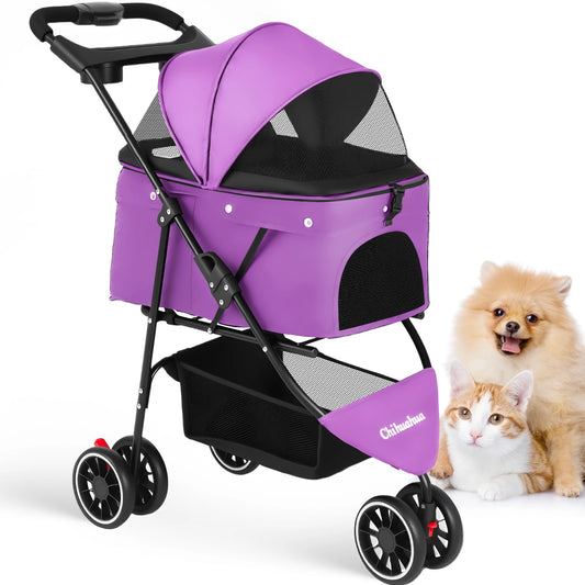 Portable Foldable Pet Stroller for Small Dogs & Cats, Travel Carrier with Canopy, Storage Basket