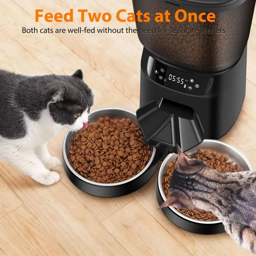 Cat Feeders for Two Cats, 5L 20 Cups Double Automatic Cat Food Dispenser with 2 Stainless Bowls, Timer Setting 20 Portions 6 Mea