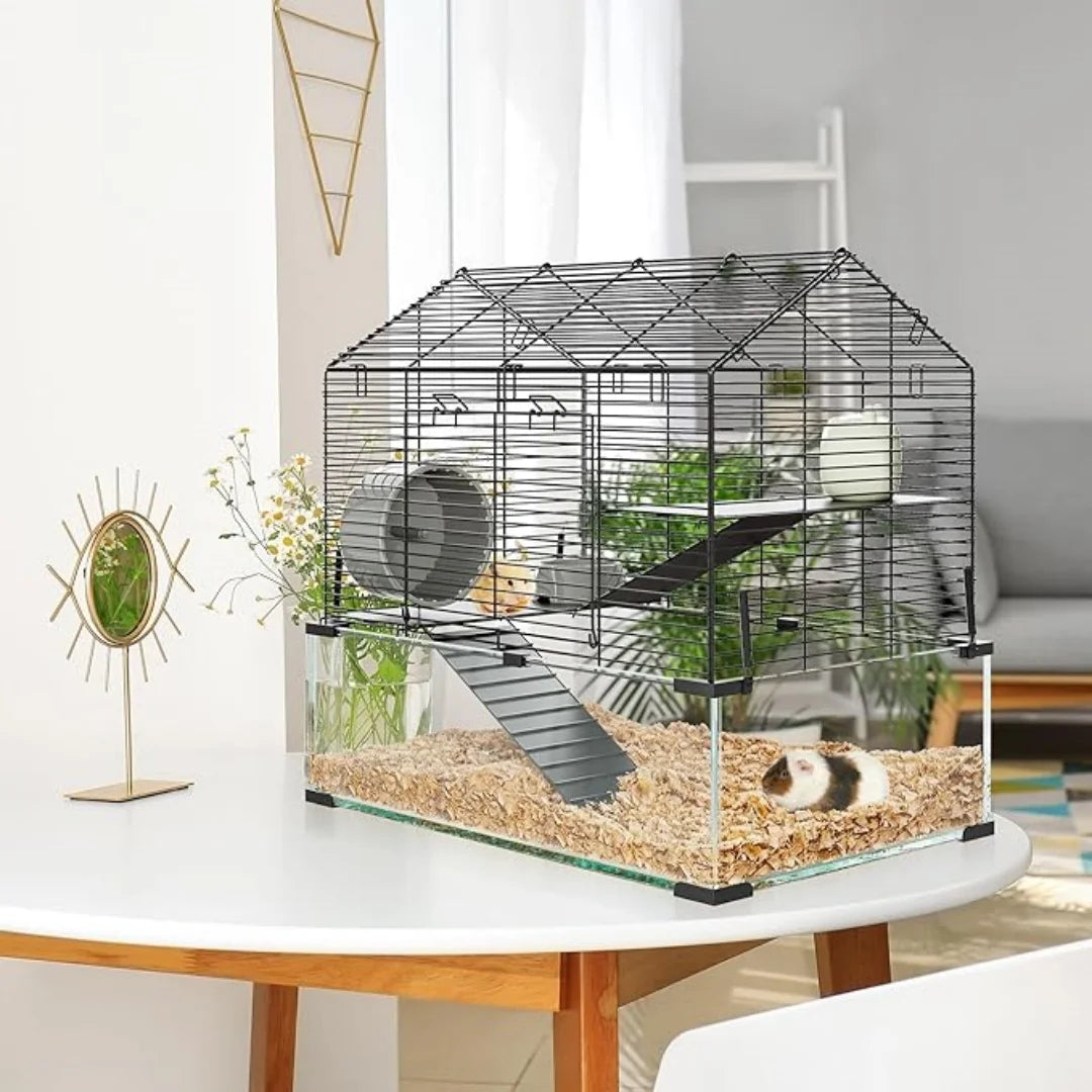 3 Tiers Large Hamster Enclosure, Metal Enclosure + Glass Gerbil Cages, Small Animal Cages for Guinea Pigs Chinchilla Rodent