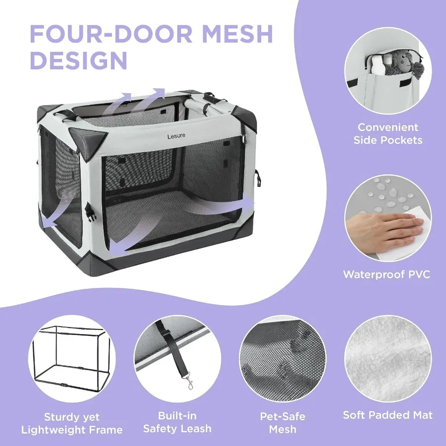 Lesure Collapsible Dog Crate Portable Travel Kennel for Extra Large Dogs with 4Door Design and Mesh Windows Ideal for Indoor an
