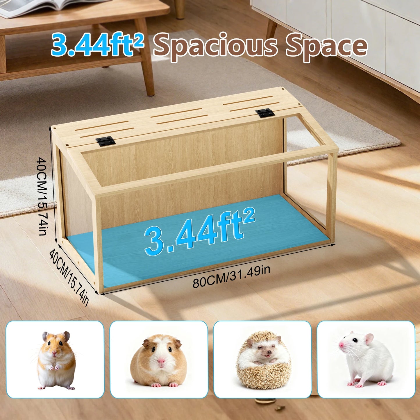 Wooden Hamster Cage Guinea Pig Cage Clear Small Animal cage with Open top Hamster Habitat Wooden Frame Tempered Glass Panels