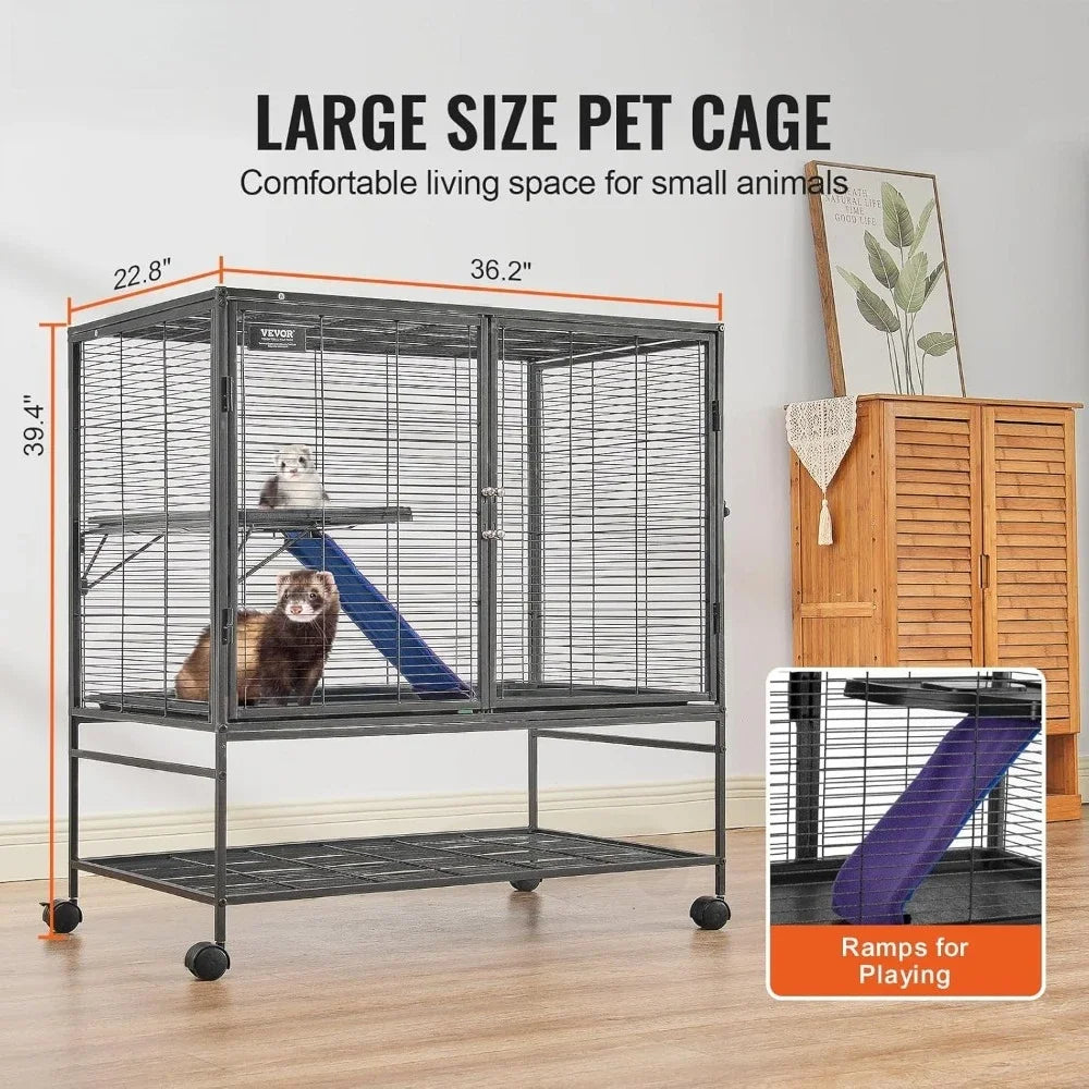 39 Rolling Metal Ferret Cage, Large 2-Tier Critter Nation Cage, Small Animal Cage with Ramps & Tray, Easy to Set up
