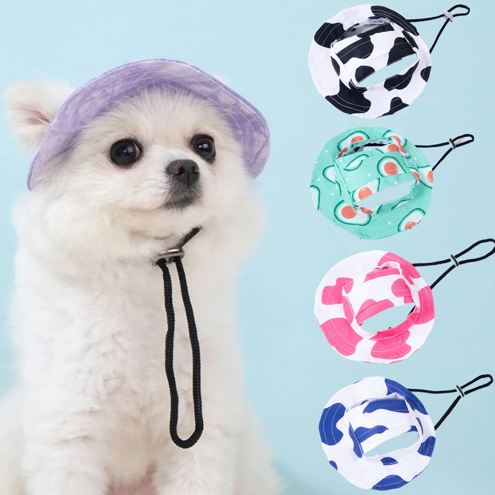 Adjustable Dog Hat Fashion Pet Bucket Hats with Ear Holes Summer Outdoor Round Brim Sun Hat for Samll Dogs Cats Pet Supplies