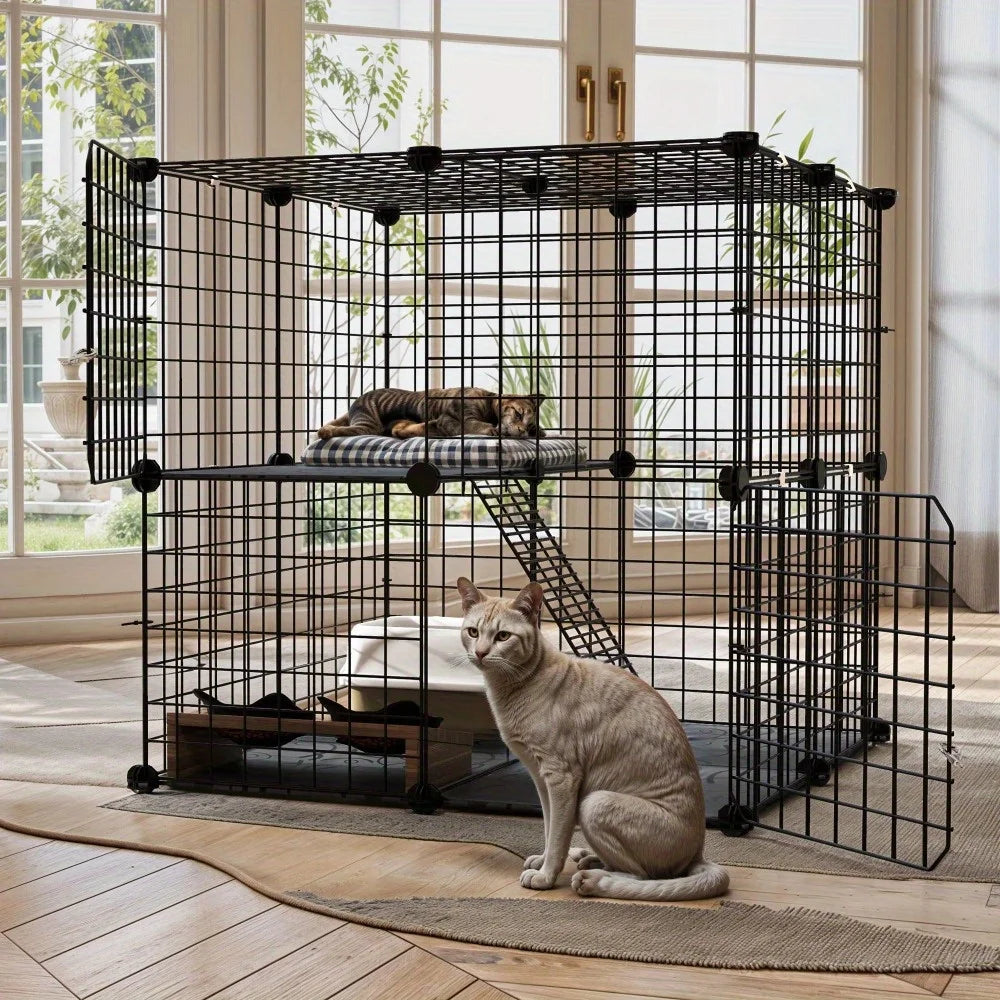 28" Cat Cage, 2 Tier Indoor Cat Enclosures, DIY Cat Playpen Metal Kennel for 1-2 Cats, 28"L x 28"W x 28"H, Black