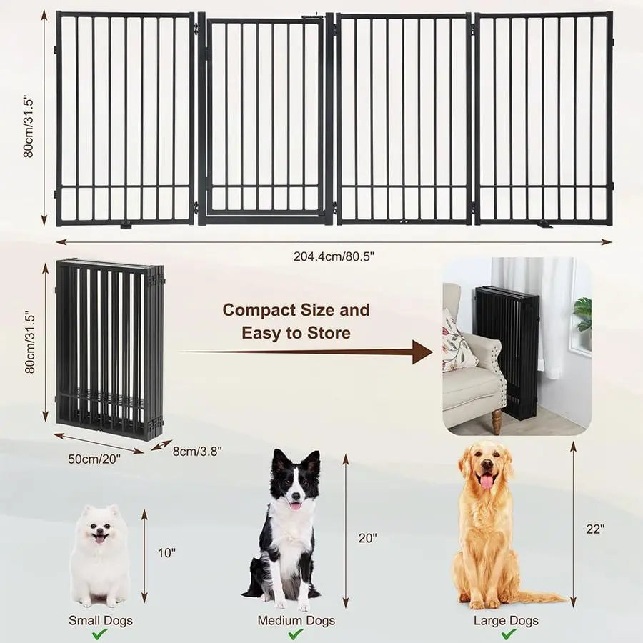 Freestanding Dog Gate with Door, Extra Wide 81, 31 Height Foldable Dog Gates for Doorways, Tall Pet Fence Indoor Outdoor Pet Gat