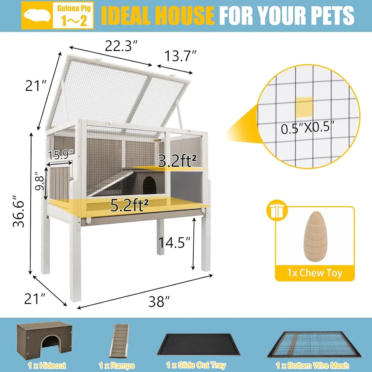 Pig Cages Indoor, Wooden Guinea Pig Cages with Stand, Rabbit Cage Hutch with Ramp and Hideout, Small Animals Cage Habitat