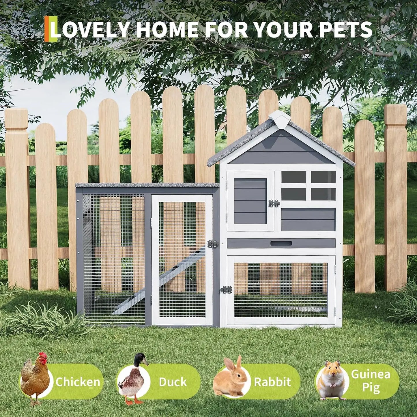 Rabbit Hutch Chicken Cage Indoor and Outdoor, 2-Story Rabbit Cage with Pull Out Tray, Wood Pet House with Ramp, Waterproof Roofs