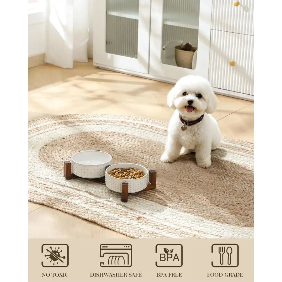 Dog Bowl Set with Walnut Wood Stand, 1.5 Cups Ceramic Pet Bowls for Puppy Dogs, Dual Food and Water Bowls with Weighted NonSlip